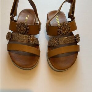 Tahari Tan Toddler Sandals with Floral Embellishments